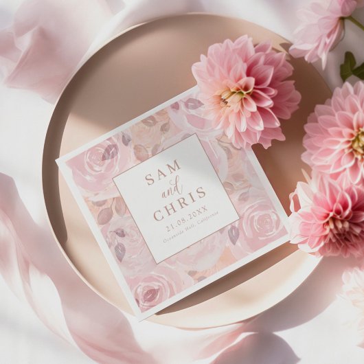 Chic Pink Watercolor Roses Wedding Servet