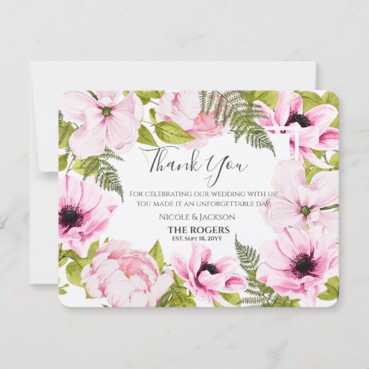 Chic Pink Waterverf Floral Bedankkaart (Voorkant)