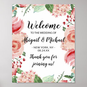 Chic Pink Waterverf Floral Weddenschap Welkomsttek Poster