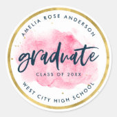 Chic Pink Waterverf Gold Afstuderen Ronde Sticker (Voorkant)