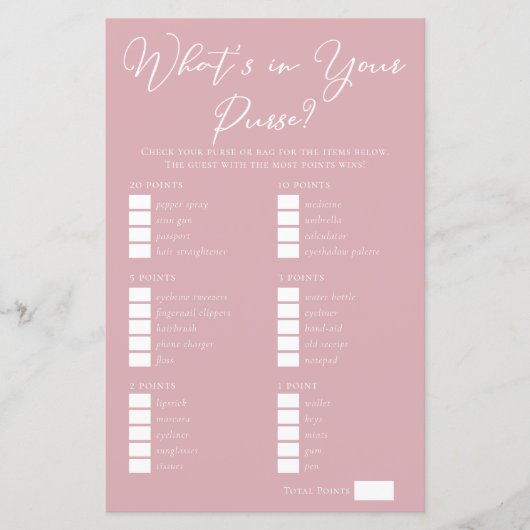 Chic Pink What's in Your Purse Bridal Shower Game (Voorkant)