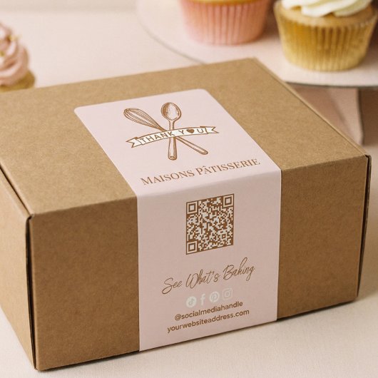 Chic Pink Whisk Spoon Thank You QR Code Bakery Box Etiket