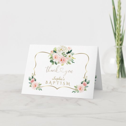Chic Pink White Floral Gold Baptism Calligraphy Bedankkaart (Voorkant)