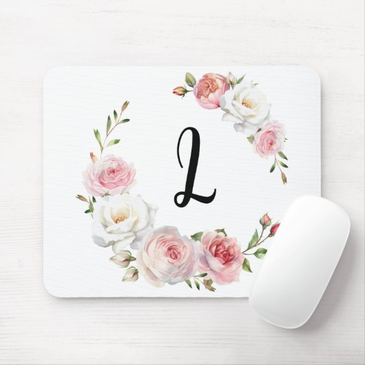 Chic Pink & White Roses Initiaal Script Muismat (Met muis)