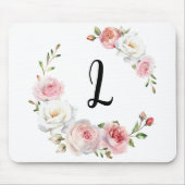 Chic Pink & White Roses Initiaal Script Muismat (Voorkant)