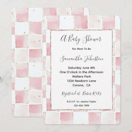 Chic Pink White Squares Baby shower Kaart (Voorkant / Achterkant)