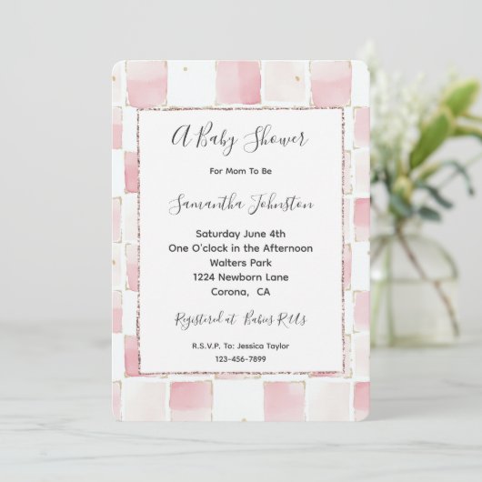 Chic Pink White Squares Baby shower Kaart (Staand voorkant)