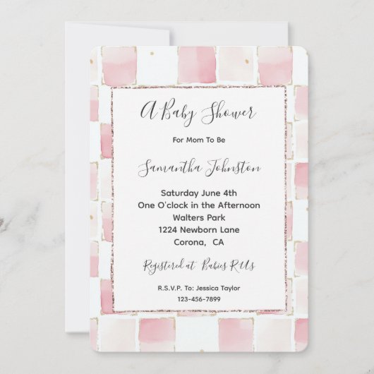 Chic Pink White Squares Baby shower Kaart (Voorkant)