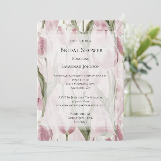 Chic Pink White Tulip Flowers Bridal Shower Kaart (Staand voorkant)