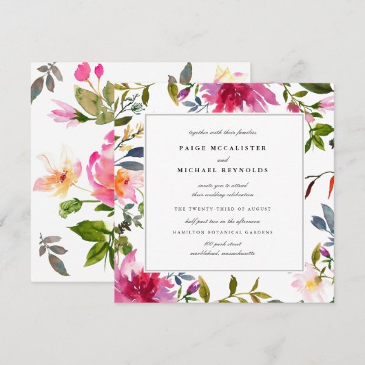 Chic Pink Wildflower Square Wedding Kaart (Voorkant / Achterkant)