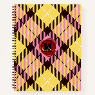 Chic Pink Yellow Tartan Stempel Monogram Naam Notitieboek
