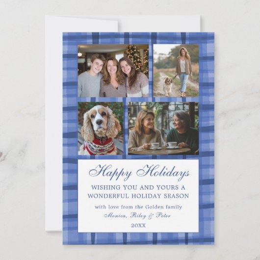 Chic Plaid HANUKKAH Custom 9 Photo Collage Blauw Feestdagenkaart (Voorkant)