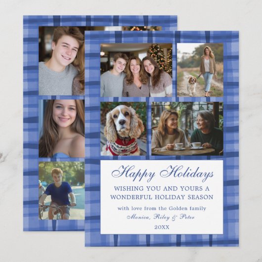 Chic Plaid HANUKKAH Custom 9 Photo Collage Blauw Feestdagenkaart (Voorkant / Achterkant)
