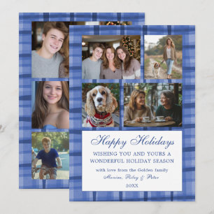 Chic Plaid HANUKKAH Custom 9 Photo Collage Blauw Feestdagenkaart