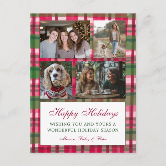 Chic Plaid Kerst Custom 4 Fotocollage Feestdagenkaart (Voorkant)