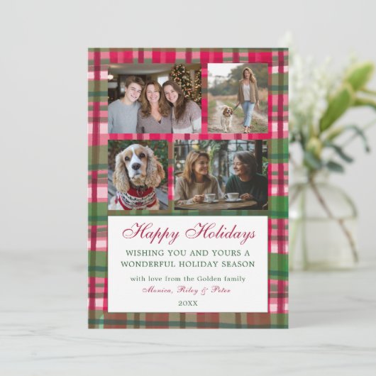 Chic Plaid Kerst Custom 9 Foto Collage Preppy Feestdagenkaart (Staand voorkant)
