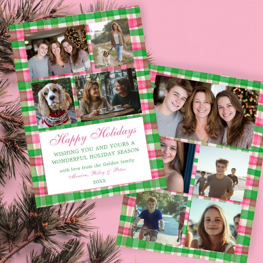 Chic Plaid Kerst Custom 9 Foto Collage Roze Feestdagenkaart