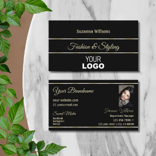 Chic Plain Black Golden Stripes met Logo en foto's Visitekaartje