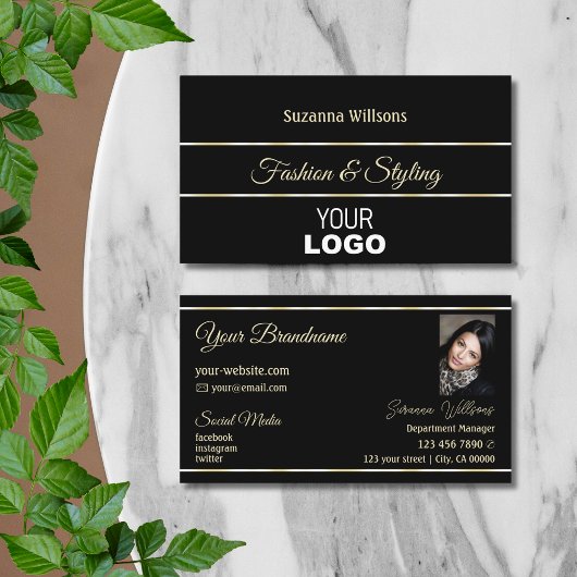 Chic Plain Black Golden Stripes met Logo en foto's Visitekaartje