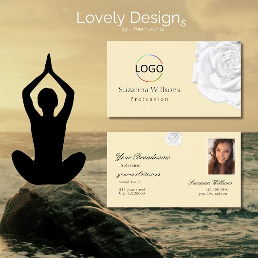 Chic Plain Peach Beige White Rose met Logo Foto Visitekaartje