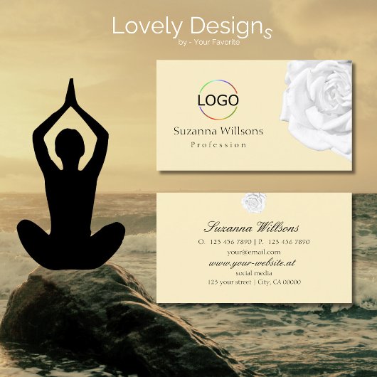 Chic Plain Peach Beige White Rose met Logo Simple Visitekaartje