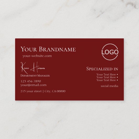 Chic Plain White Wine Red met Monogram en Logo Visitekaartje (Achterkant)