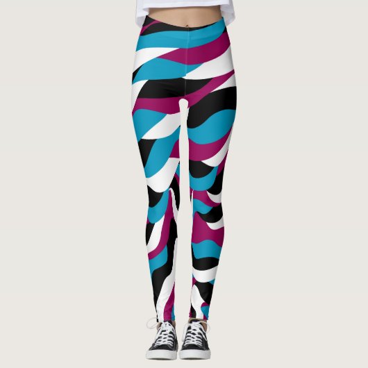 Chic Playful Abstract Retro Wavy Blauw-Roze Leggings (Voorkant)