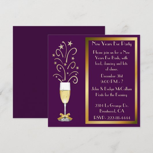 Chic Plum en Gold New Years Eve Party Uitnodiginge Kaart (Voorkant / Achterkant)