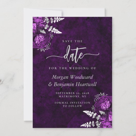 Chic Plum Silver Floral Wedding Save the Date Kaart (Voorkant)