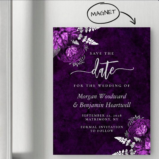 Chic Plum Silver Floral Wedding Save the Date Magnetische Uitnodiging