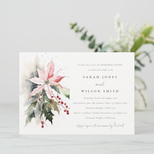 Chic Poinsettia bessen gebladerte repetitie diner Kaart (Staand voorkant)