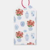 Chic Poinsettia Blue Chinoiserie Merry kerst Cadeaulabel (Achterkant)