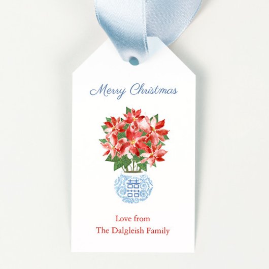 Chic Poinsettia Blue Chinoiserie Merry kerst Cadeaulabel