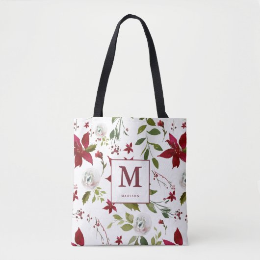 Chic Poinsettia Floral Monogram met voornaam Tote Bag (Voorkant)
