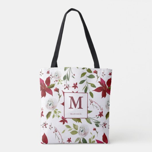 Chic Poinsettia Floral Monogram met voornaam Tote Bag (Achterkant)