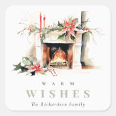 Chic Poinsettia open haard warme kerstwensen Vierkante Sticker (Voorkant)