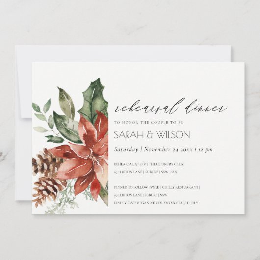 Chic Poinsettia Pine Cone Rehearsal Dinner Invite Bedankkaart (Voorkant)