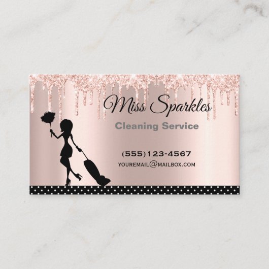 Chic Polka Dot Glitter Drip Maid Cleaning Services Visitekaartje (Voorkant)