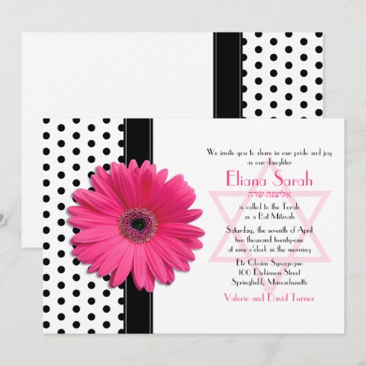 Chic Polka Dot Pink Daisy Bat Mitzvah Uitnodiging (Voorkant / Achterkant)