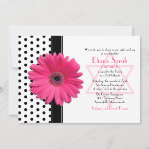 Chic Polka Dot Pink Daisy Bat Mitzvah Uitnodiging