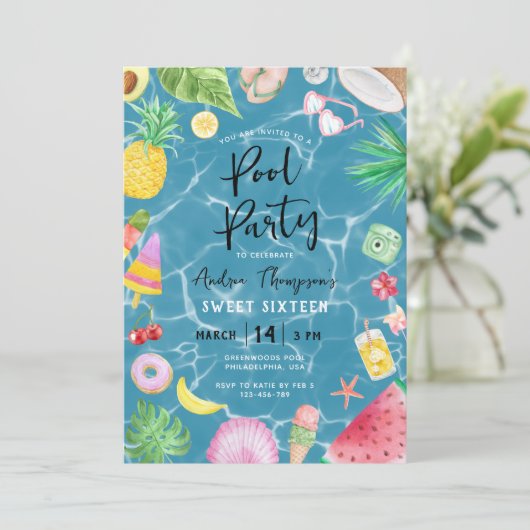 Chic Pool Party Summer Sweet 16 Birthday Kaart (Staand voorkant)