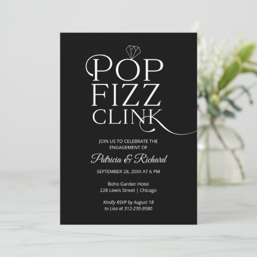 Chic Pop Fizz Clink Engagement Party Aankondiging (Staand voorkant)