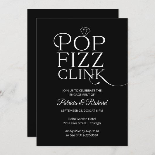 Chic Pop Fizz Clink Engagement Party Aankondiging (Voorkant / Achterkant)