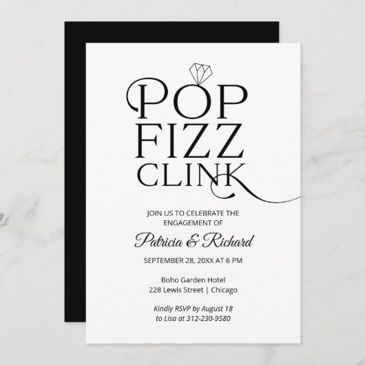 Chic Pop Fizz Clink Engagement Party Aankondiging (Voorkant / Achterkant)