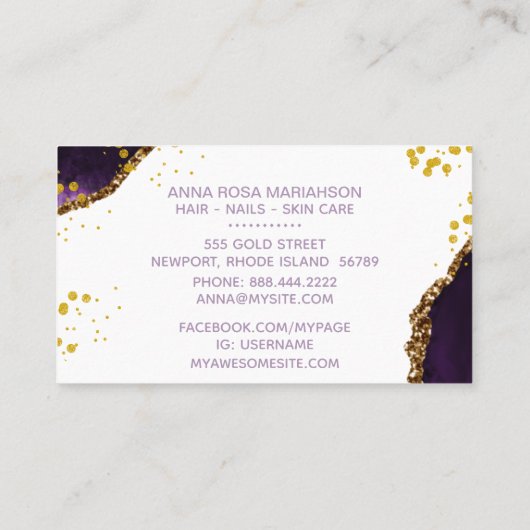 *~* Chic Popular Gold Glitter Paars Agate Girly Visitekaartje (Achterkant)