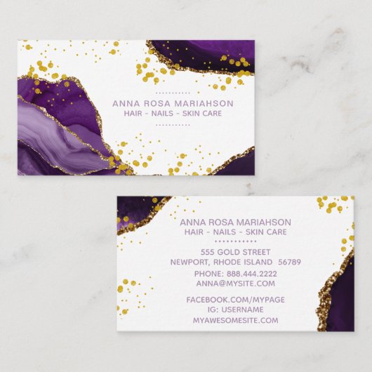*~* Chic Popular Gold Glitter Paars Agate Girly Visitekaartje (Voorkant / Achterkant)