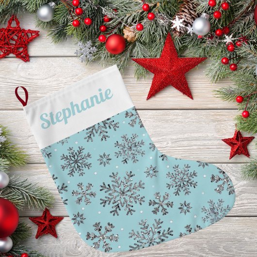 Chic Powder Blue Christmas w / Elegante sneeuwvlok Grote Kerstsok