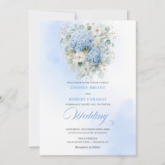 Chic Powder Blue Hydrangea Floral Wedding Invite Kaart (Voorkant)