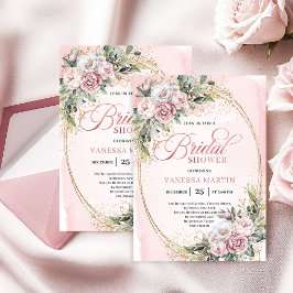 Chic Powder Pink Floral Eucalyptus Bridal Shower Kaart