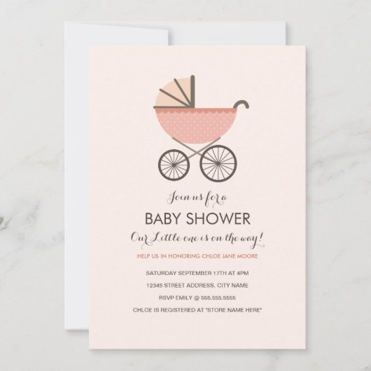 Chic Pram Girl Baby shower Invitation Kaart (Voorkant)